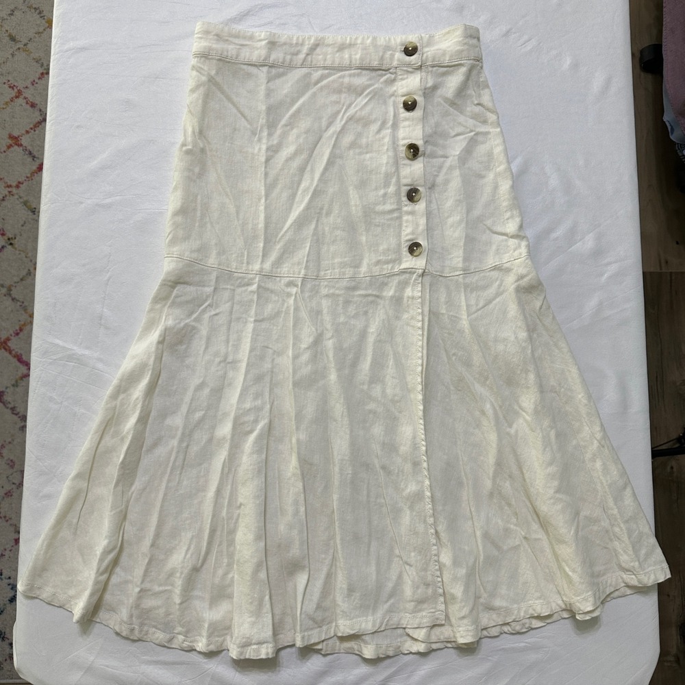 Free People Linen Midi Skirt 6 Ivory Button Boho Coastal Cowgirl Cottagecore - Picture 10 of 11